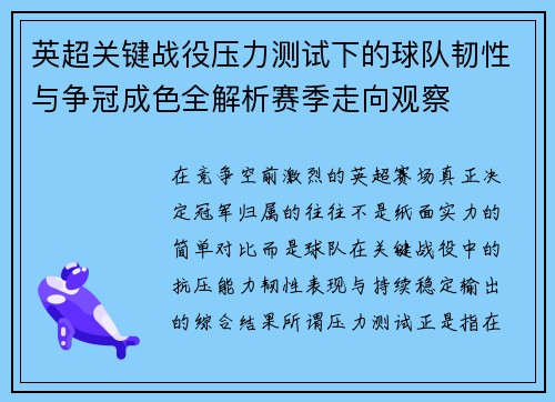英超关键战役压力测试下的球队韧性与争冠成色全解析赛季走向观察